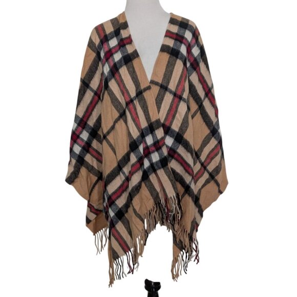 Kiltane of Scotland Plaid Cape Womens One Size Tan 100% Lambswool Fringe Poncho - Picture 1 of 8